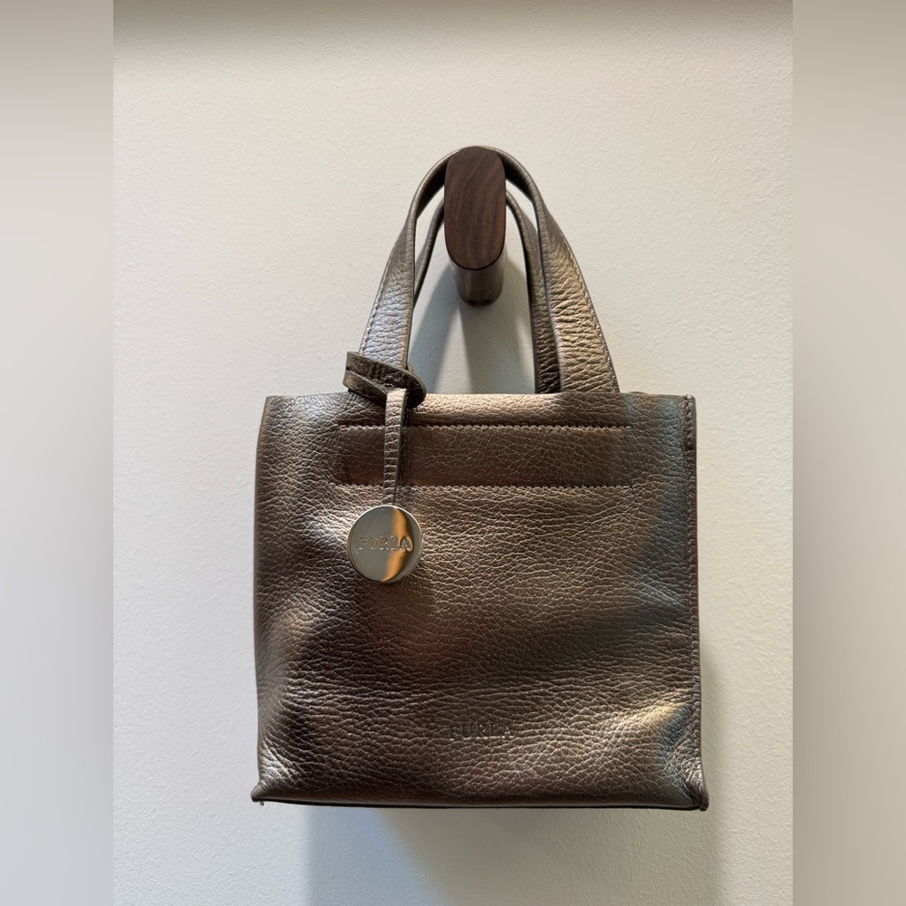 Furla Vintage 2003 Metallic Champagne Bronze Leather Mini Tote